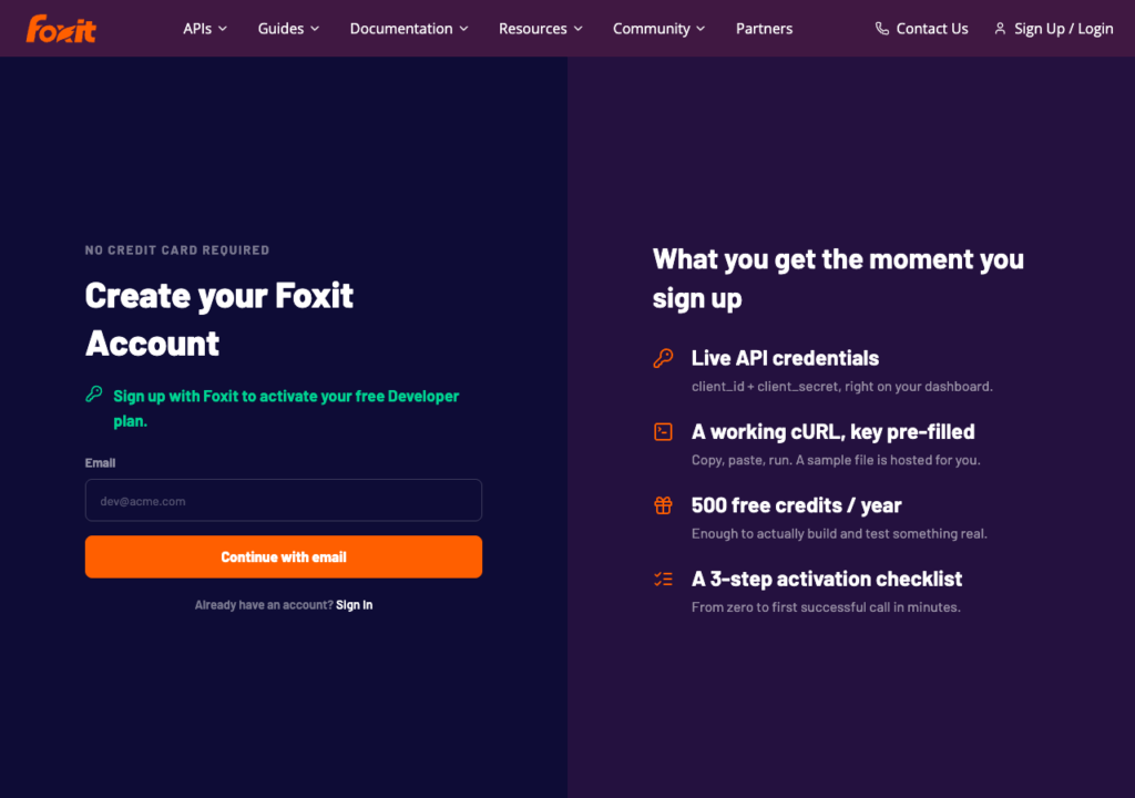 Foxit sign-up page offering a free Developer plan with no credit card, live API credentials, and 500 free credits a year