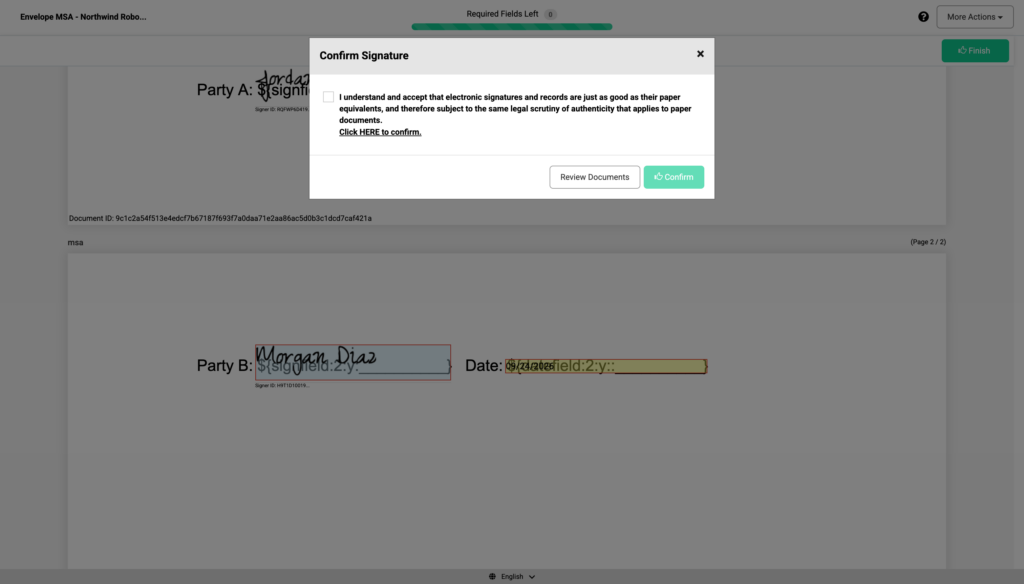 Confirm Signature dialog with consent checkbox over a signed contract showing Morgan Diaz signature and date field