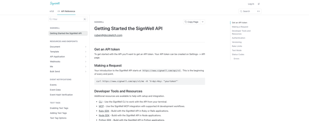 SignWell API getting started docs listing CLI, MCP, Ruby, Node, and Python SDK resources