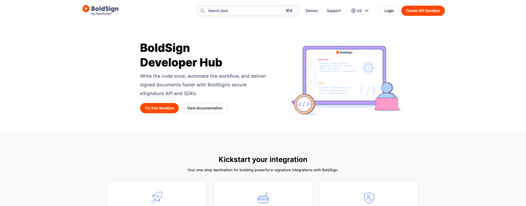 BoldSign developer hub homepage with Try free Sandbox and Create API Sandbox buttons