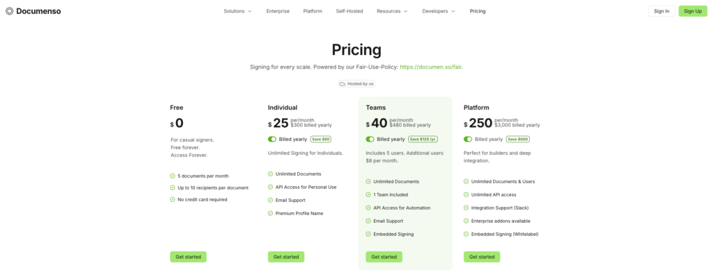 Documenso pricing page showing Free, Individual, Teams, and Platform plans, with embedded signing from Teams up