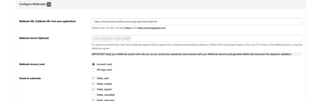 Foxit eSign Configure Webhooks form with webhook URL, secret, access level, and event checkboxes like folder_signed