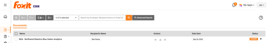 Foxit eSign document list showing the NDA sent to Alex Rivera on Sep 24, 2026 with a Shared status