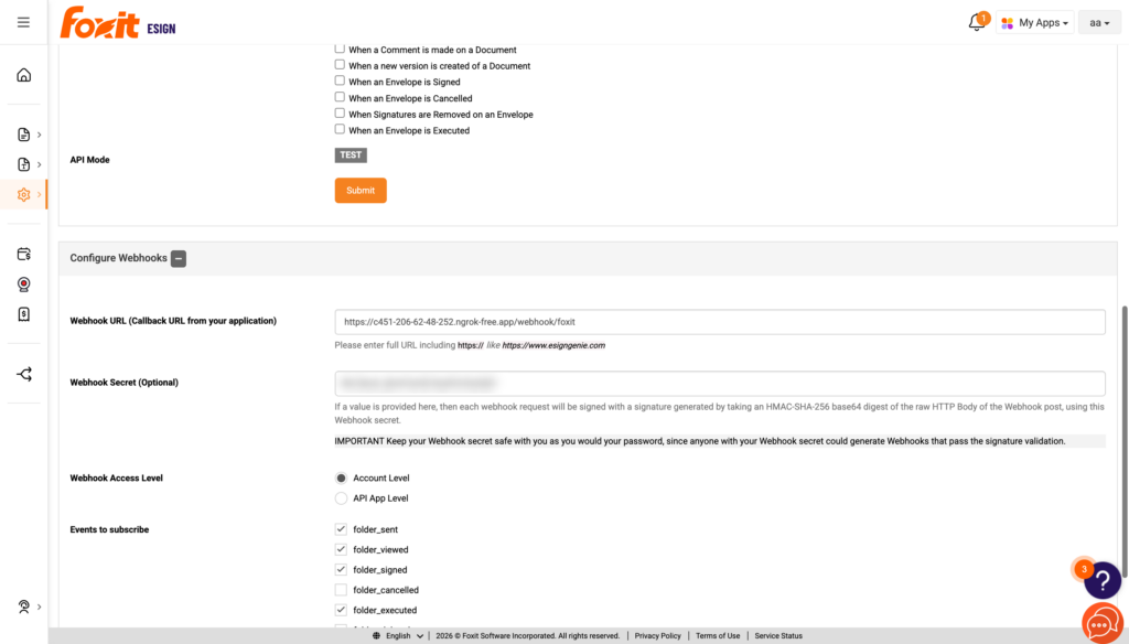 Foxit eSign API settings showing a saved webhook URL and secret with folder_sent, folder_signed, and folder_executed checked
