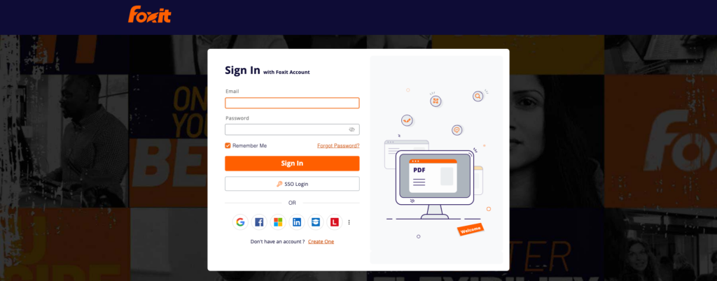 Foxit eSign Portal sign-in page with email, password, SSO login, and social sign-in options