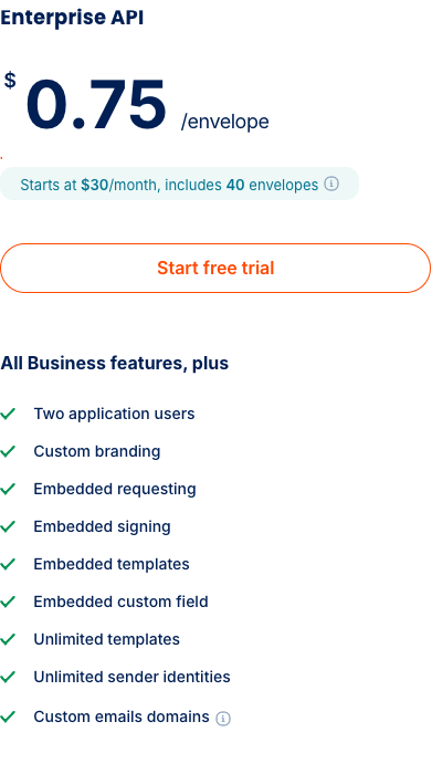 BoldSign Enterprise API pricing card showing $0.75 per envelope, starting at $30 a month with 40 envelopes included