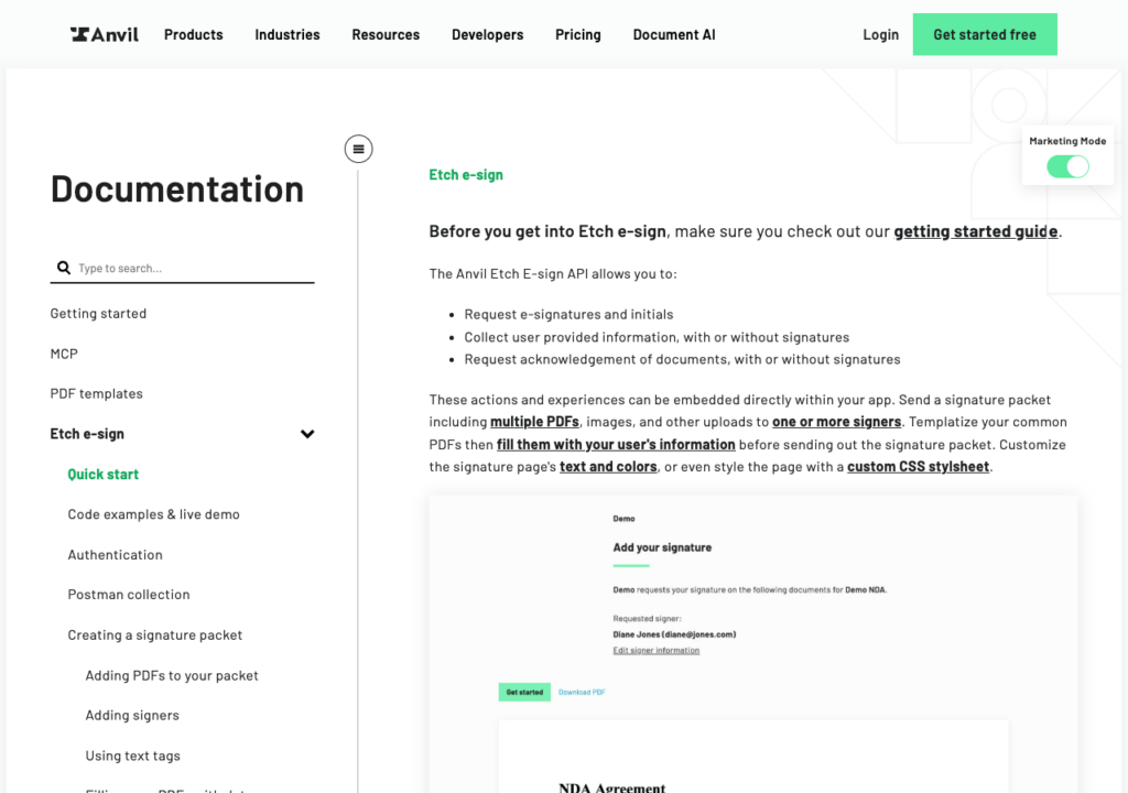 Anvil Etch e-sign API docs listing signature, data collection, and acknowledgment requests above a sample signing page