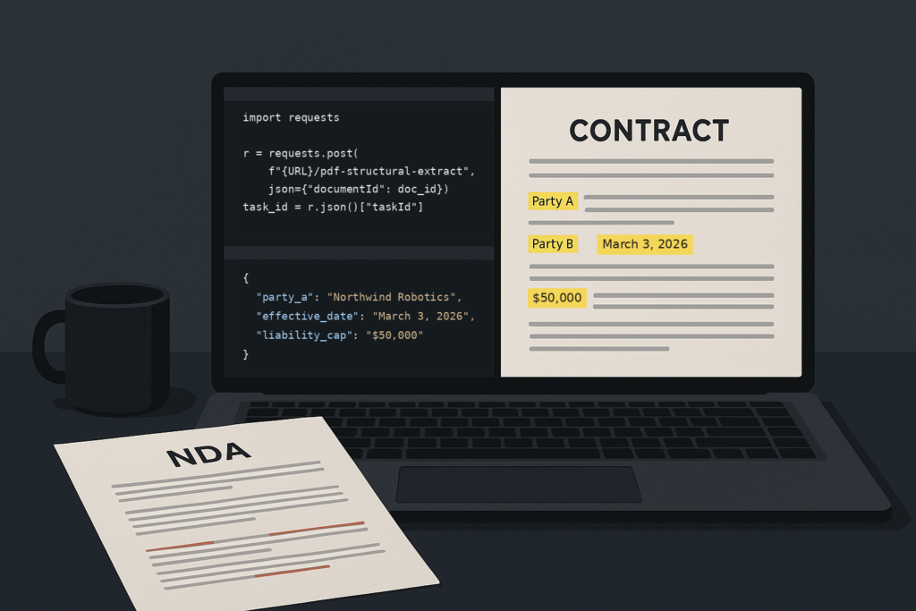 Laptop with Python extraction code and a JSON record beside a contract with highlighted parties, a date, and a liability cap