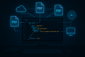 PDF icons, a cloud, and an AI icon linked to a monitor showing a JSON tool call, illustrating a PDF MCP server